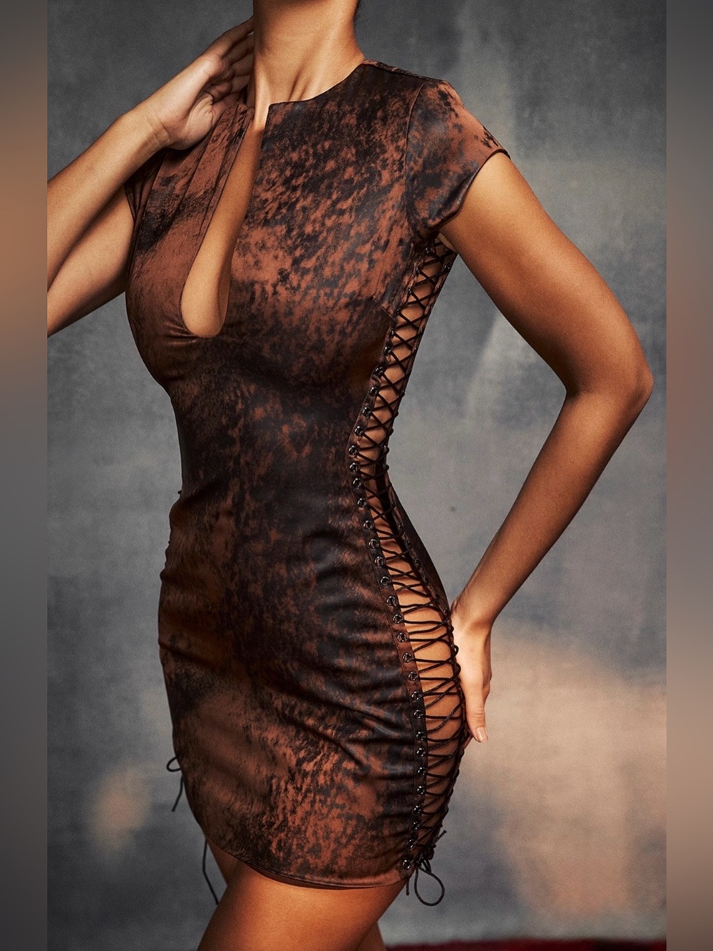 House of CB Daphne Antique copper lace up mini dress